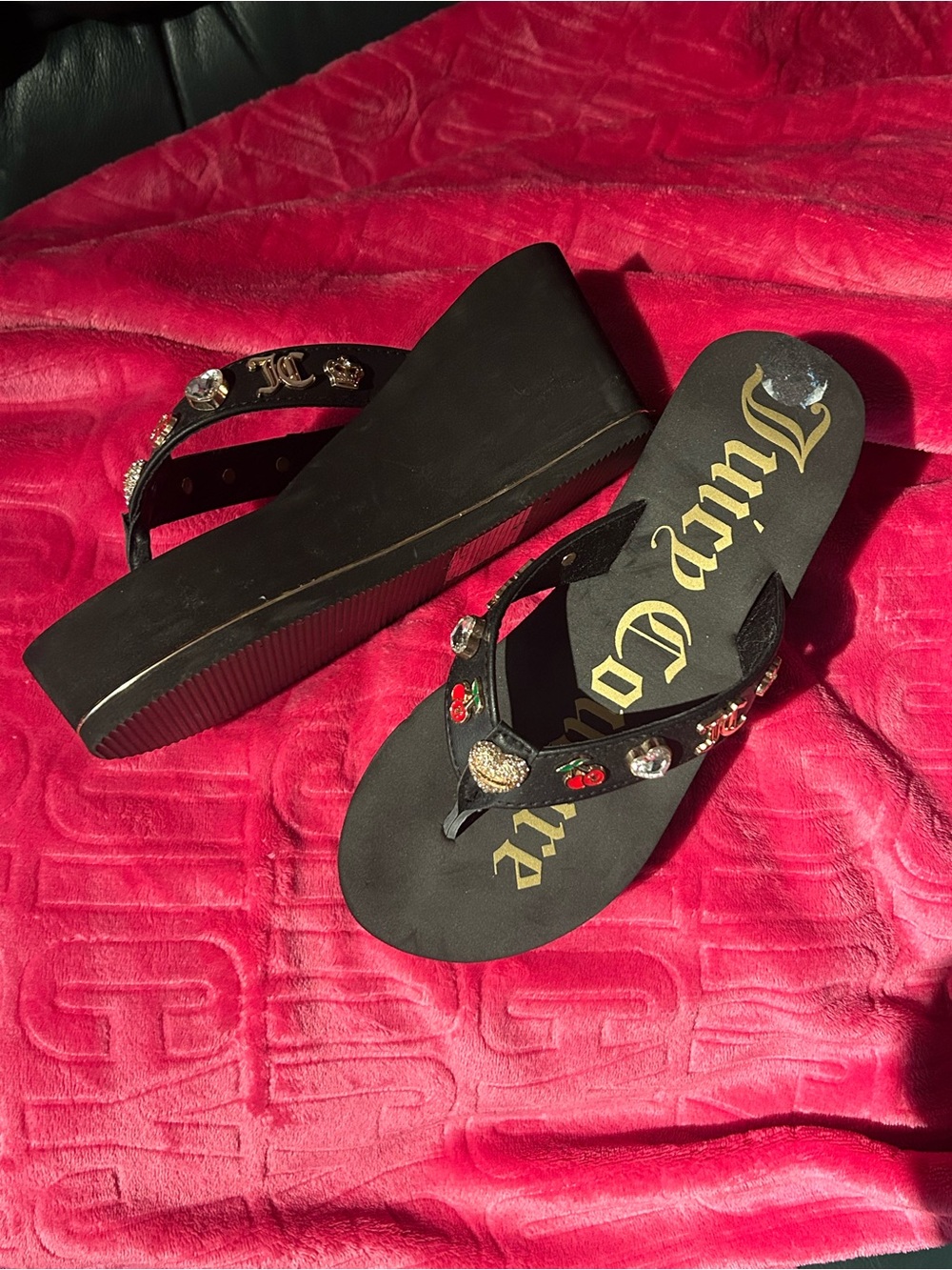 Juicy Couture Black and Gold Wedge Flip Flops with Charms